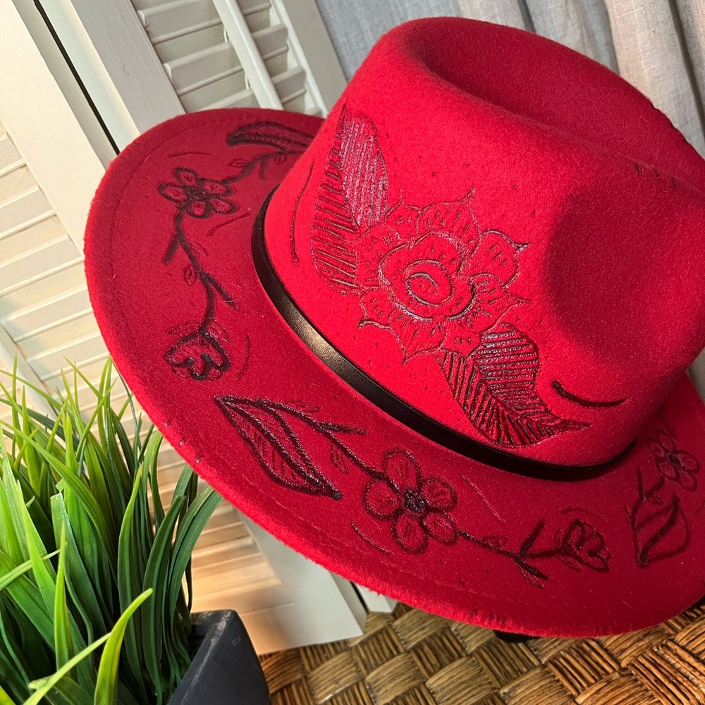Hand burned floral vegan felt hat